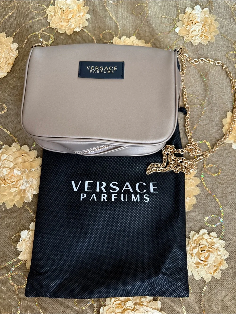 Versace Taupe Crossbody Bag with Gold Chain Strap